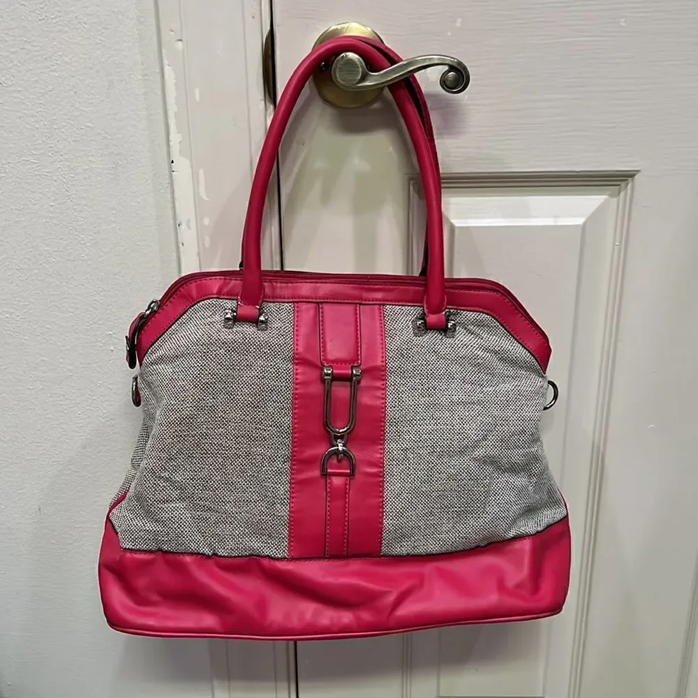 London Fog Simulated Leather Pink & Woven Satchel Purse with Long Strap